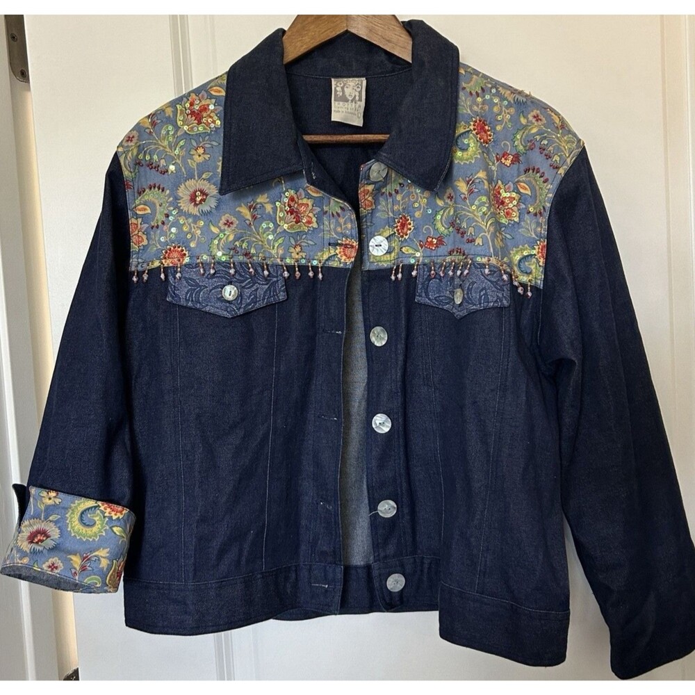 Womens Denim Jacket Large Floral Yoke Beaded Embellished Flip Cuff Artsy Boho - Picture 2 of 11